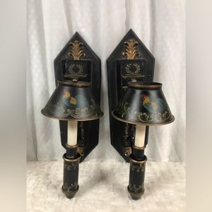 ~SOLD~ Jeanne Reeds Ltd Country French Rooster Toile Metal Wall Sconces